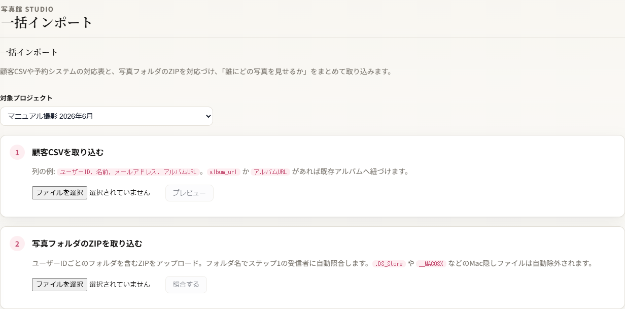 CSV と ZIP の一括インポート画面